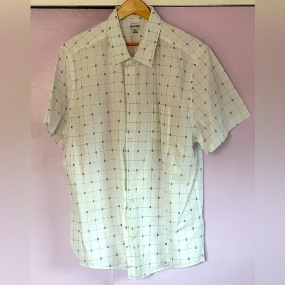 HAGGAR Men’s Square Button Down Shirt Sz 2XL White, Green & Blue